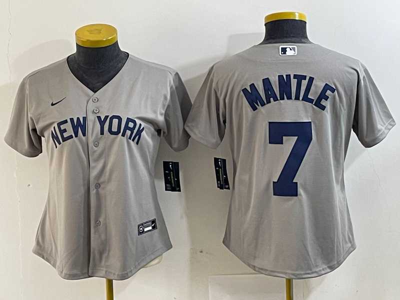 Women%27s New York Yankees #7 Mickey Mantle Name 2021 Grey Field of Dreams Cool Base Stitched Jersey->mlb womens jerseys->MLB Jersey